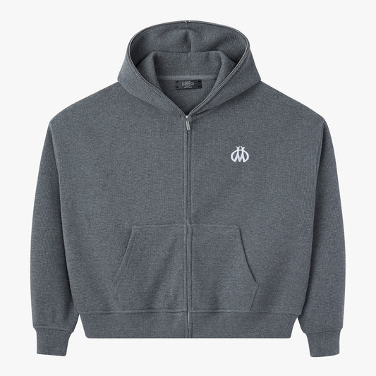 Grey waffle thermal full-zip hoodie with white embroidered chest logo, front view
