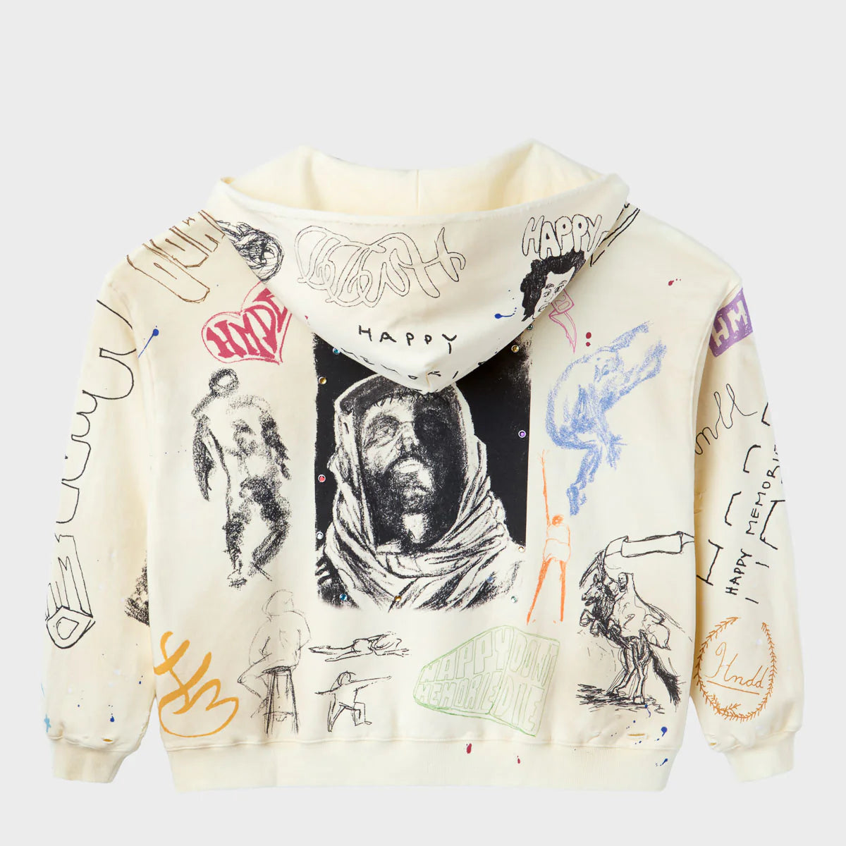 HMDD Sketch Hoodie, cream hoodie laid flat showing the large charcoal hooded-figure print and scribbles across the back