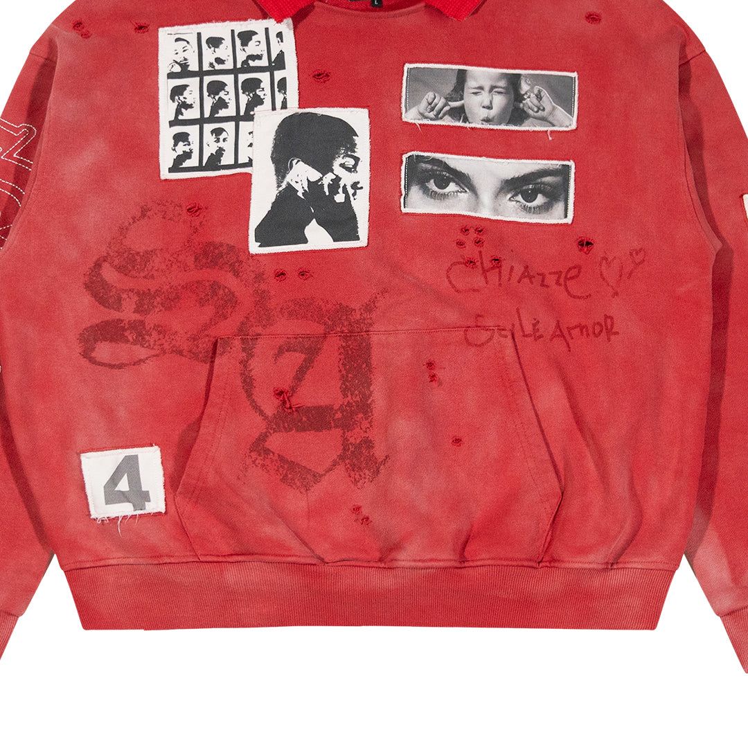 Stile De Amor Rosso Hoodie, close-up of the chest photo patches and tonal monogram