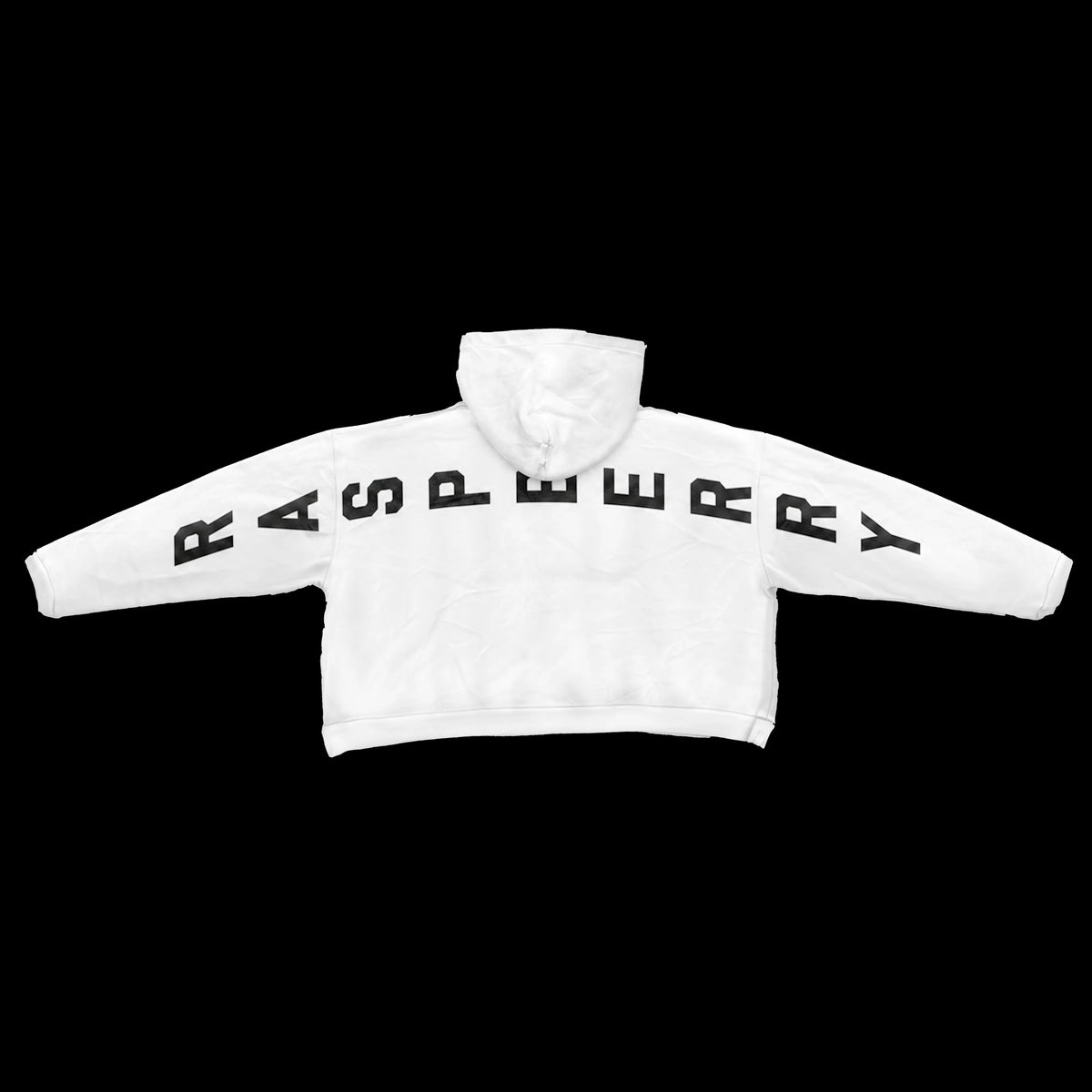 GV Gallery Blonde Hoodie, back of the white hoodie with a black Raspberry arch across the back and sleeves