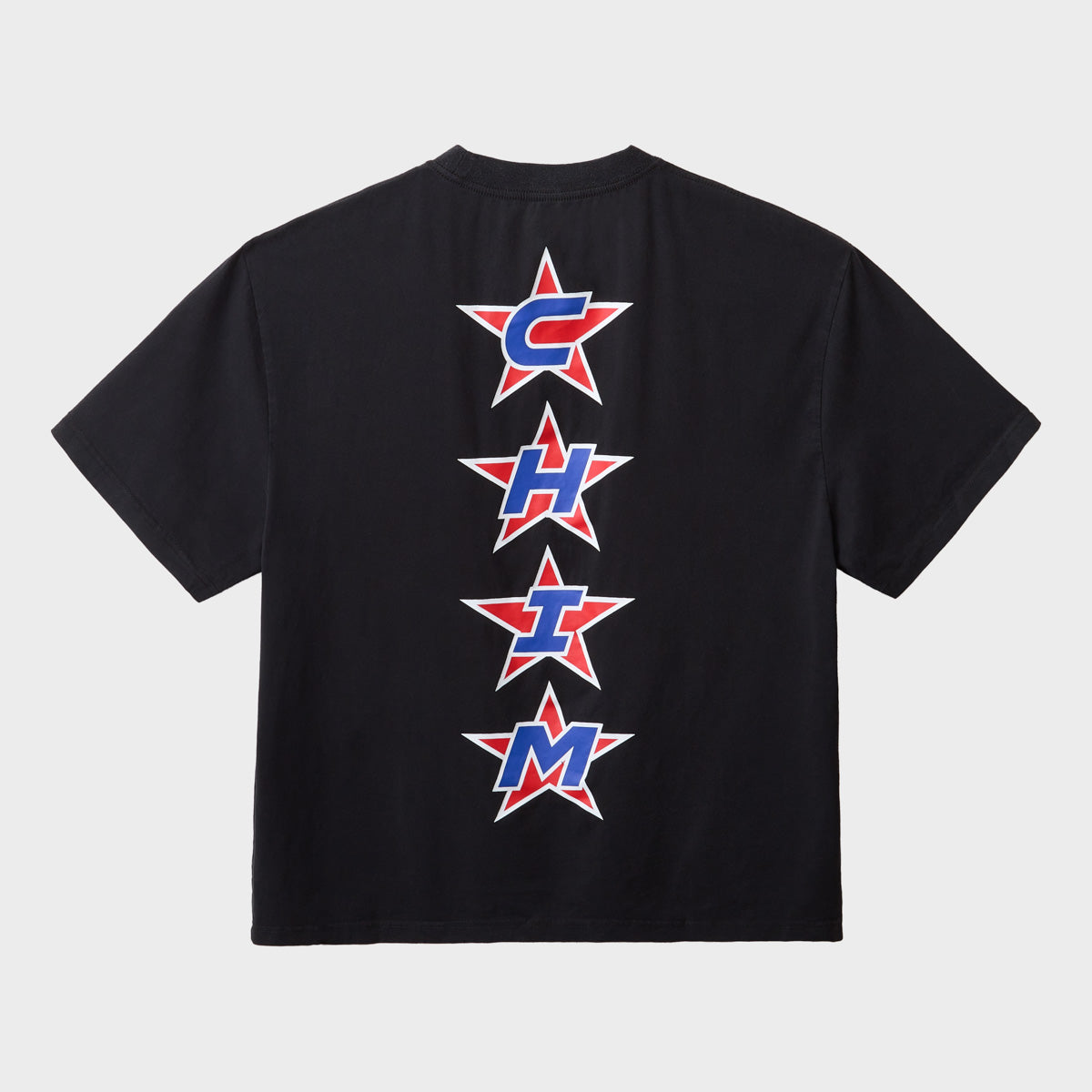 Back of a black boxy tee with four red stars stacked vertically spelling C H I M