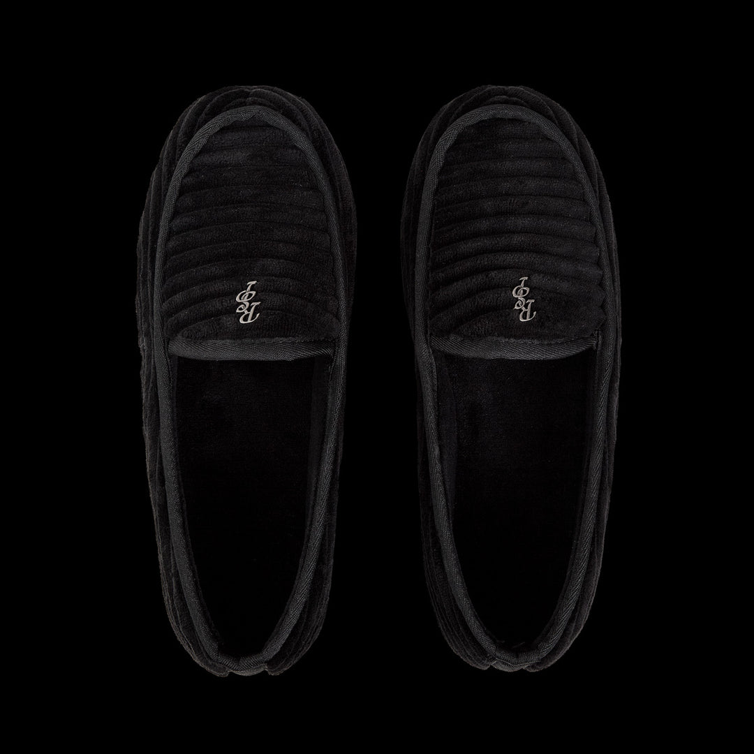 GV Gallery Deebo Slippers overhead pair view showing the moccasin opening and ribbed vamp