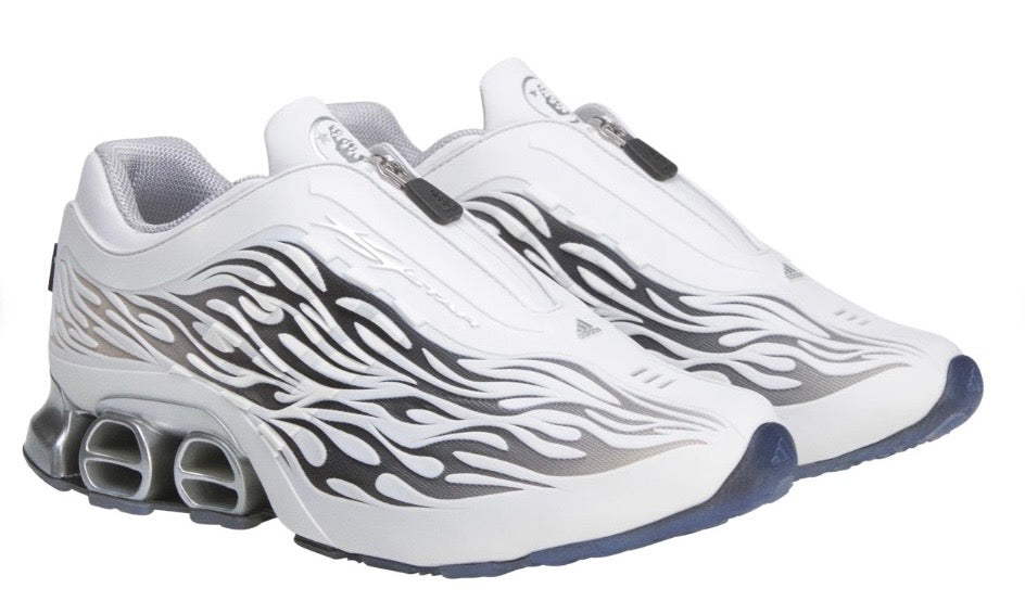 Hellstar Adidas Megaride White, angled front view of the pair, white uppers with silver flame print and metal midsole cages
