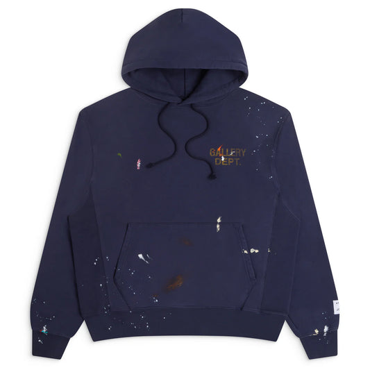 Gallery Dept Washed Navy Logo Paint Splattered Hoodie