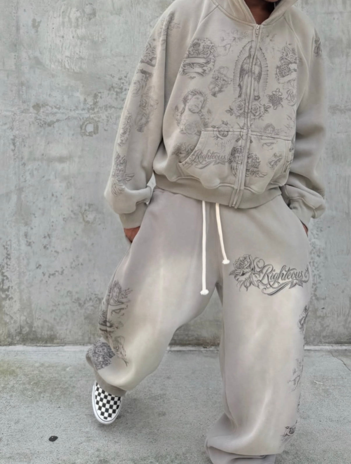 Second model shot of the matching grey hoodie and wide-leg sweatpants set