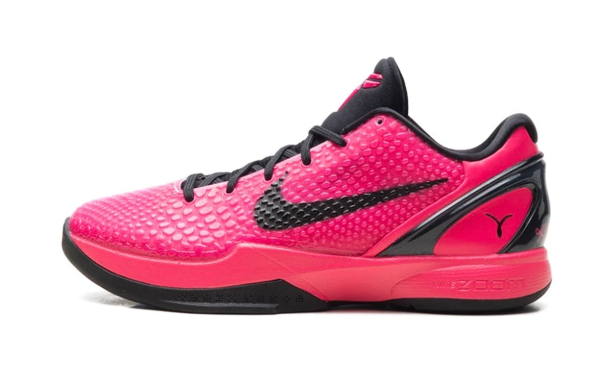 Nike Kobe 6 Protro Kay Yow Think Pink, side view of pink snakeskin-textured low-top with black Swoosh, laces and midsole trim