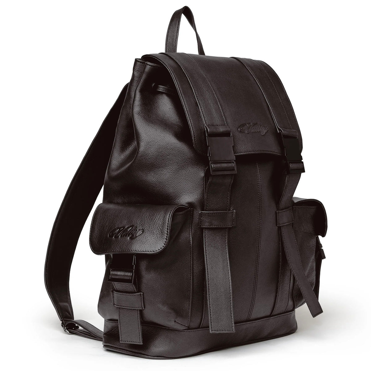 Vale Chocolate Tactician Backpack angled view showing the padded shoulder strap and side pocket
