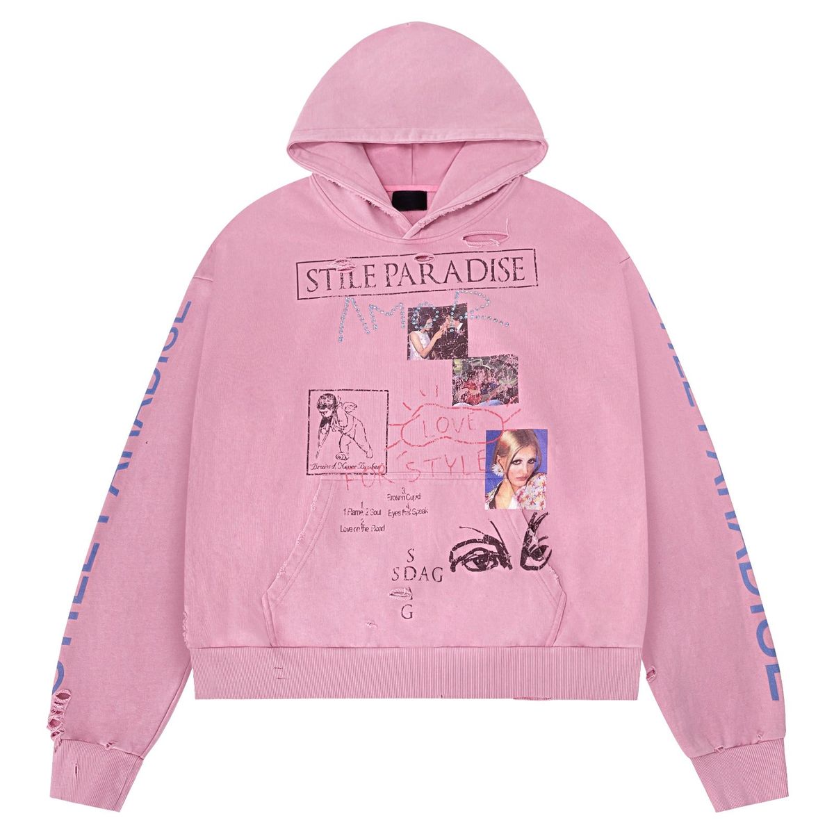 Stile De Amor Stile Paradise hoodie in washed pink, front with a boxed STILE PARADISE logo, photo collage and sketch prints