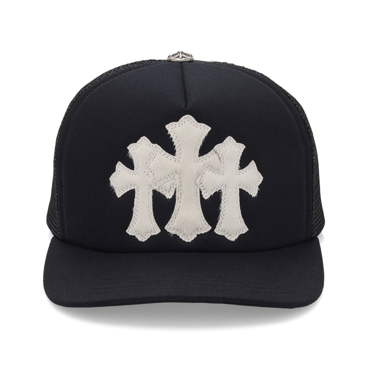 Chrome Hearts Black White Triple Cross Cemetery Calf Hair Trucker Hat