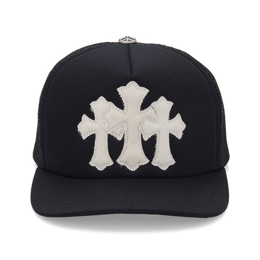 Chrome Hearts Black White Triple Cross Cemetery Calf Hair Trucker Hat