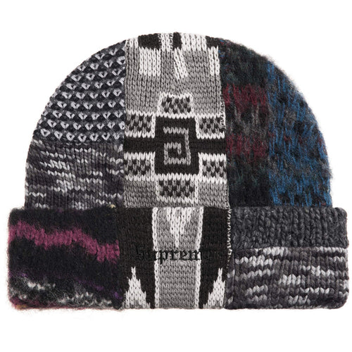 Supreme Black Patchwork Beanie, chunky patchwork knit beanie in grey, black, blue and pink panels with script on the cuff