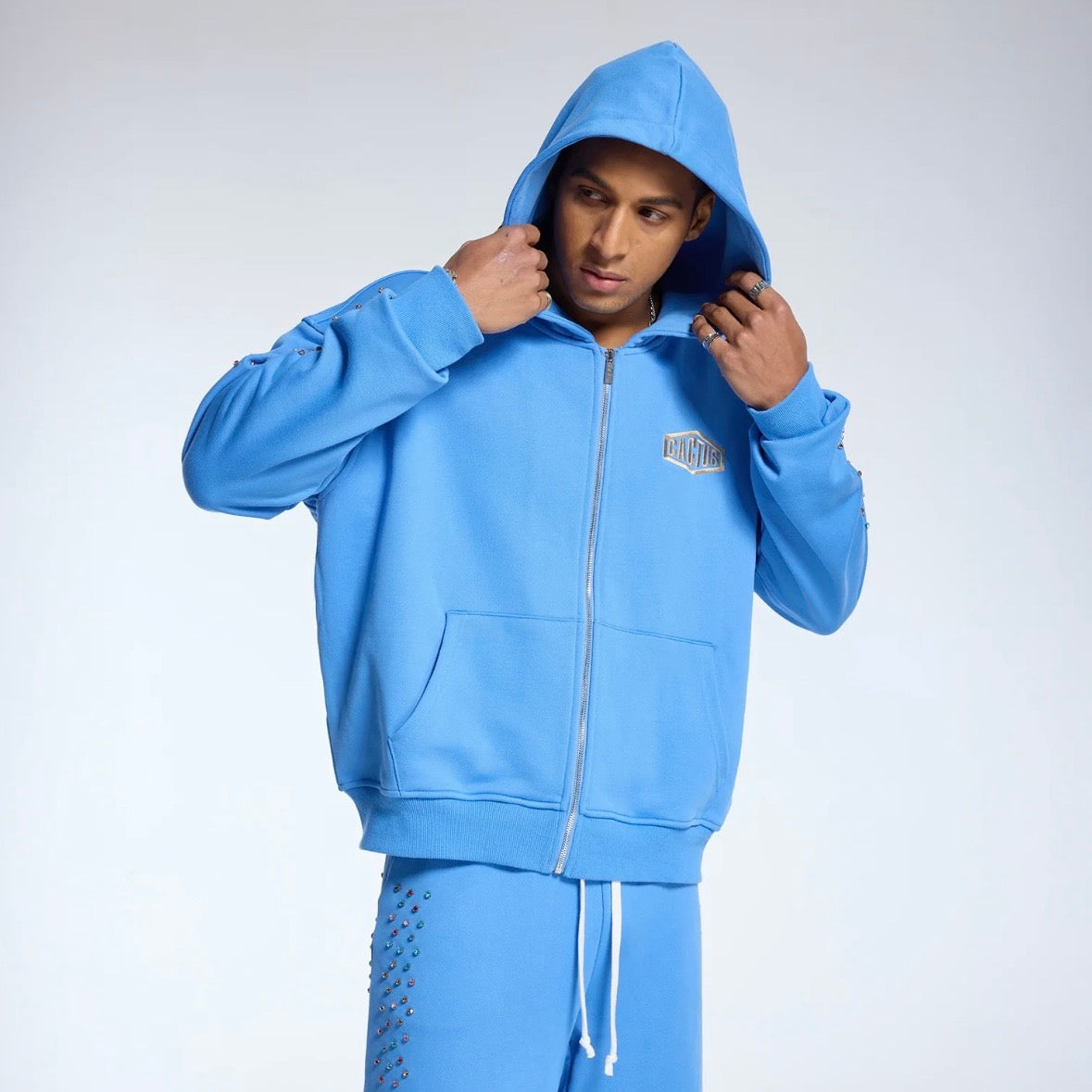 AZVA Baby Blue Crystal Cactus Zip Hoodie