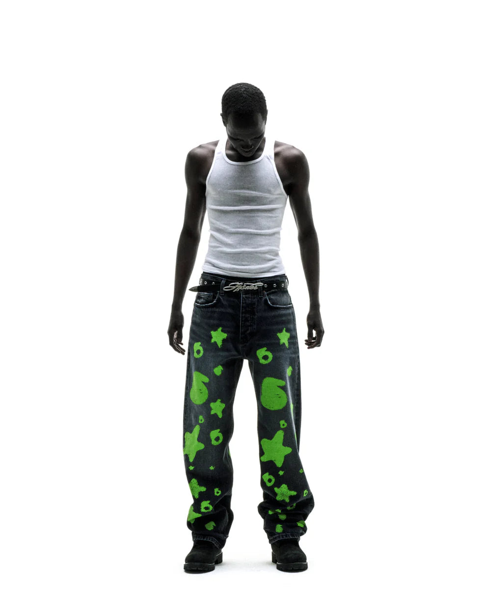 Sp5der Black Green Beluga Stamp Denim Pants
