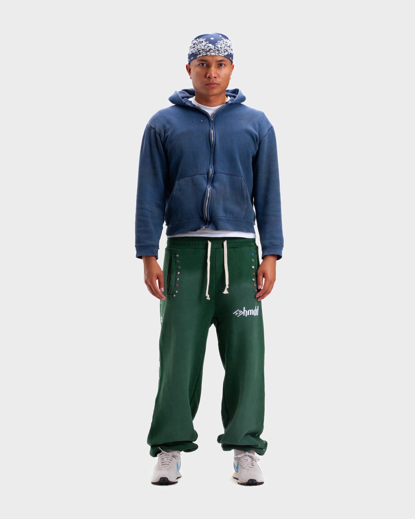 HMDD Green Flower Studded Scrunch Sweatpants