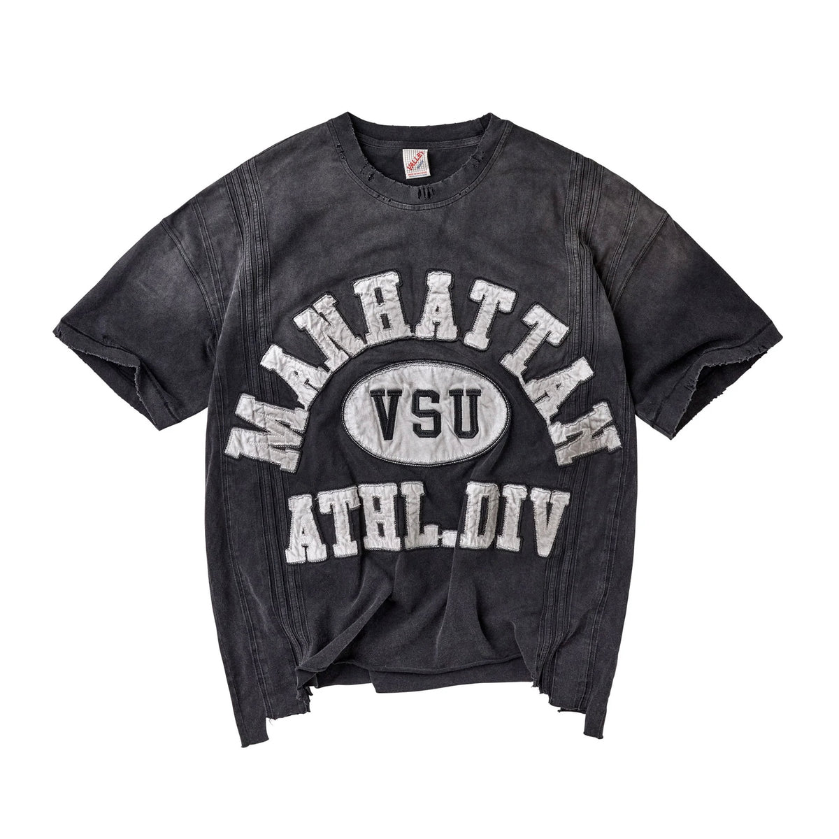 Vale Black Manhattan Thrashed T-Shirt front view with the arched Manhattan VSU chest print