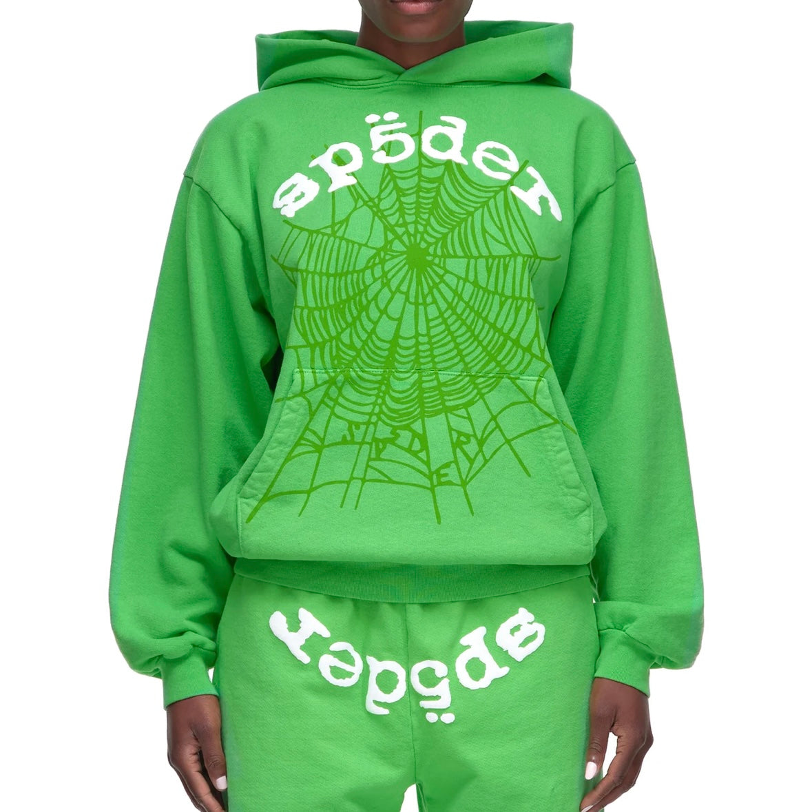 Sp5der Green White Legacy Hoodie On Body Front Female