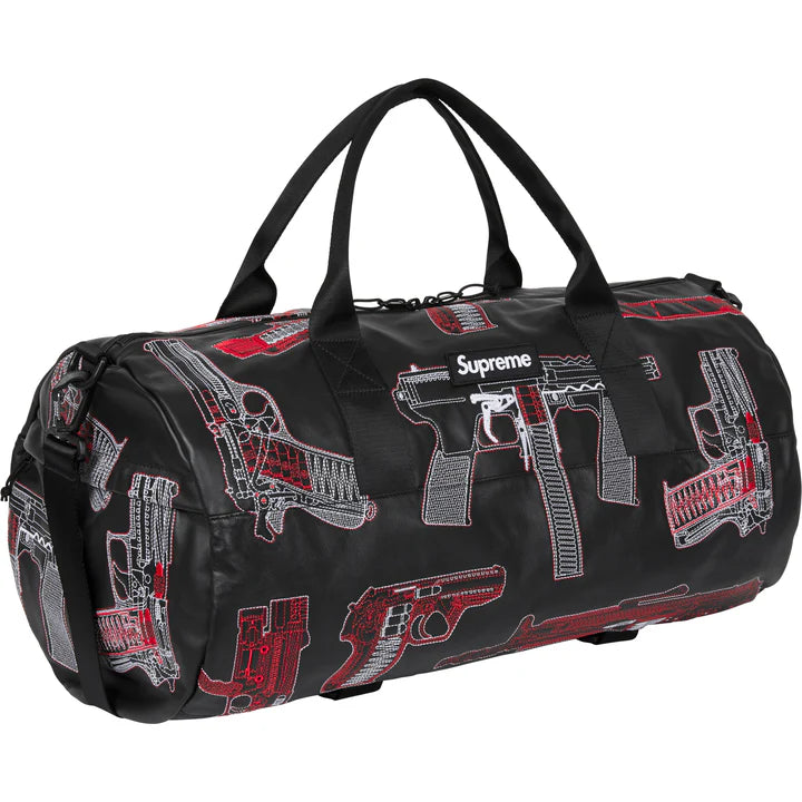 Supreme Black Guns Embroidered Leather Duffle Bag