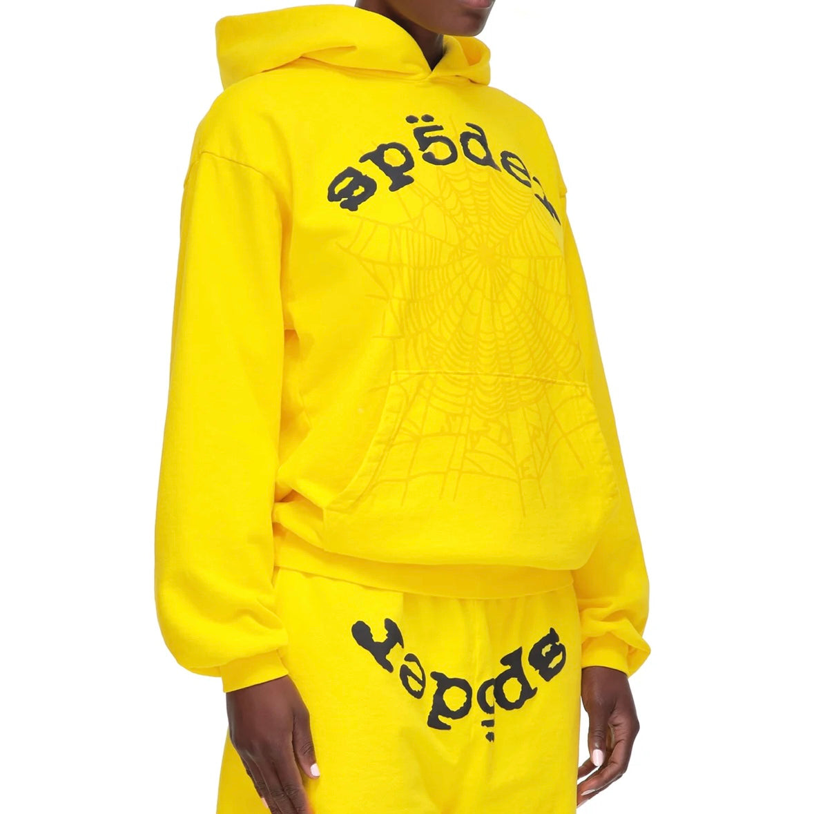 Sp5der Yellow Black Legacy Hoodie On Body Front Right Female