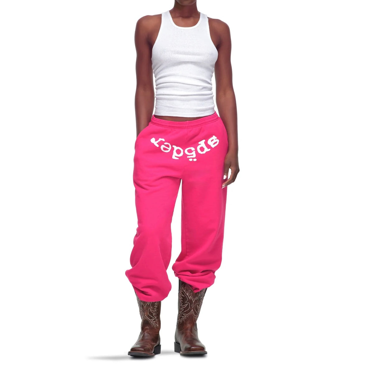Sp5der Pink White Legacy Sweatpants On Body Front