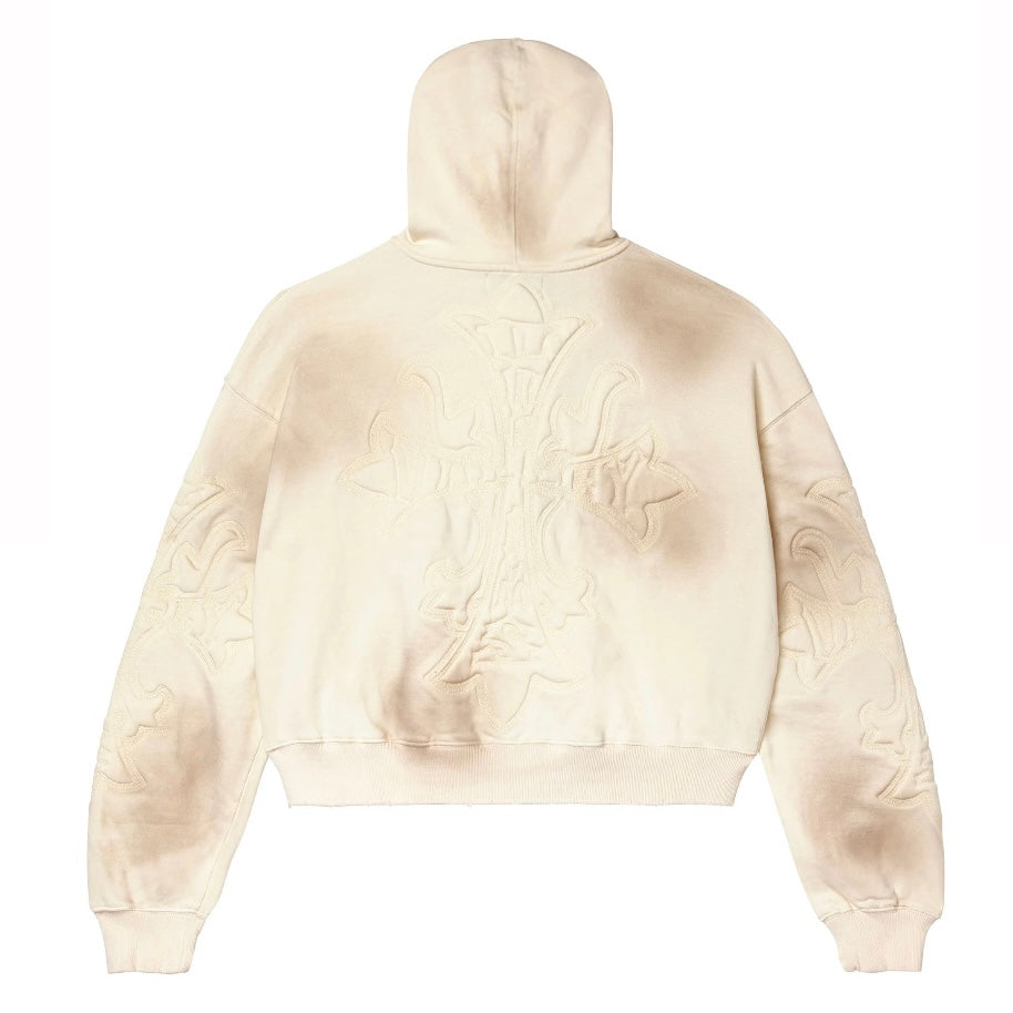 Vale Cream Carver Zip Hoodie, back of the boxy cream hoodie showing a large tonal embossed graphic and mottled fading