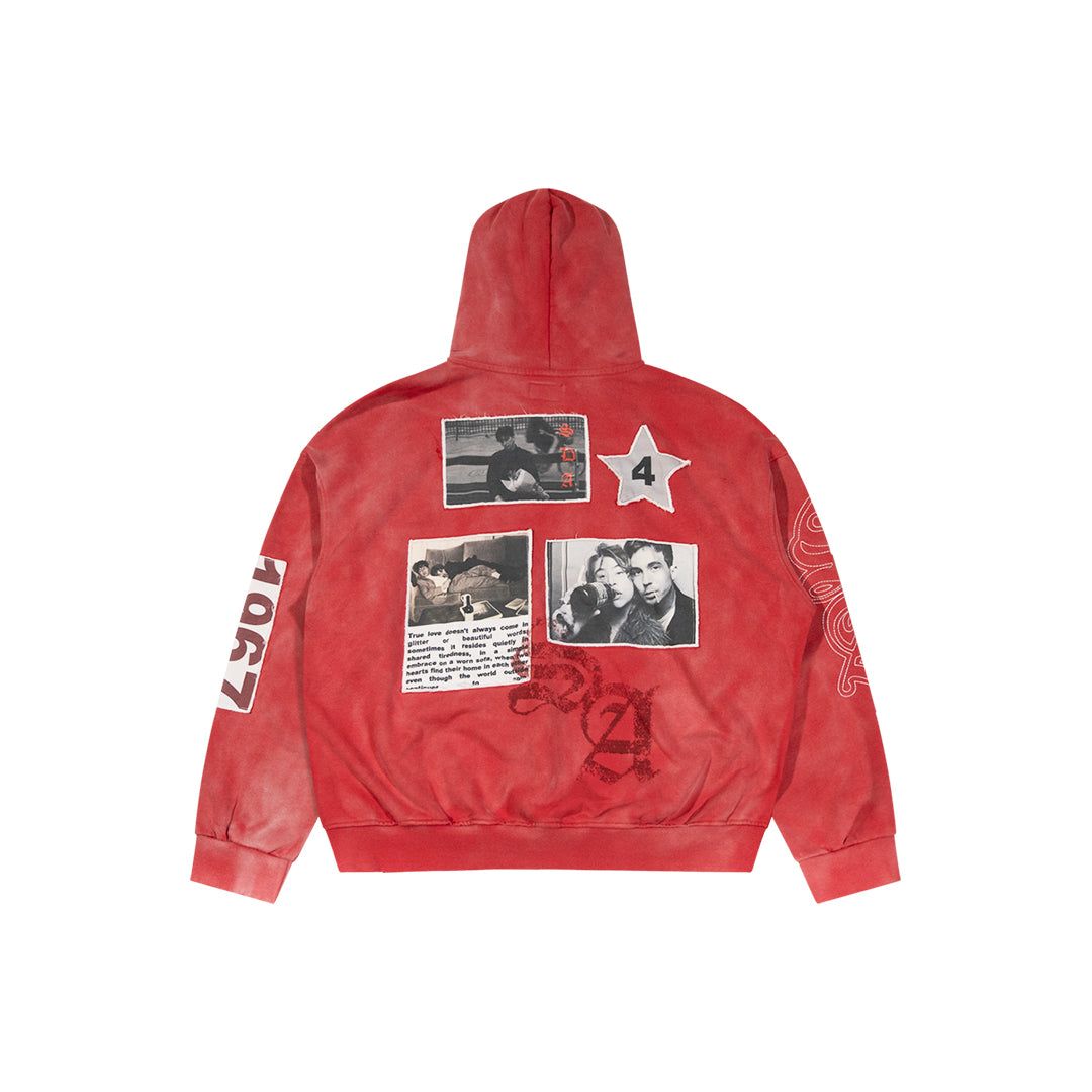 Stile De Amor Rosso Hoodie, back with photo patches, a star 4 patch and 1967 down the sleeve