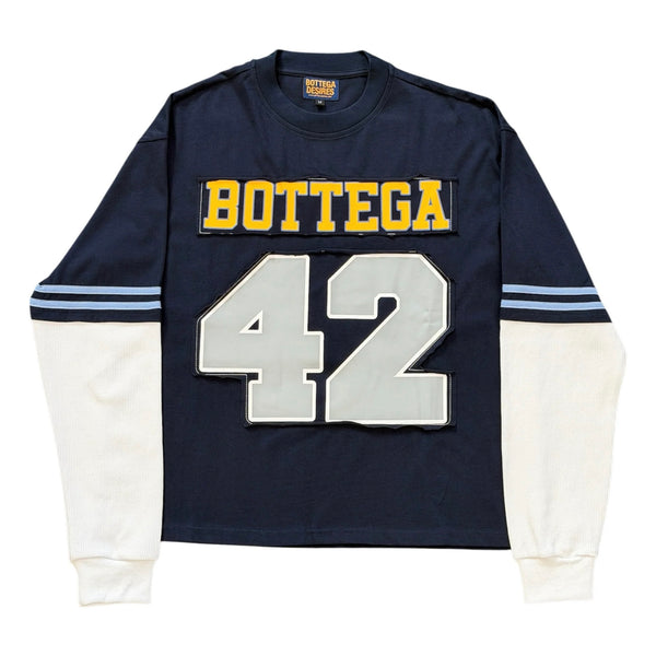 Bottega Desires Navy Jackie Robinson Long Sleeve, navy top with cream ribbed sleeves, yellow BOTTEGA arch and a grey twill 42 patch
