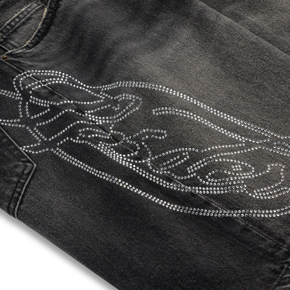 Sp5der Black Wash Script Denim Shorts