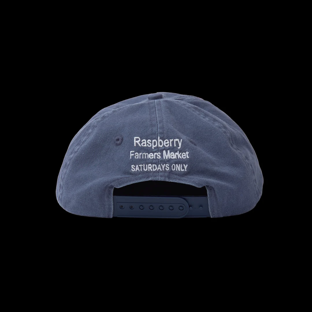 GV Gallery Farmers Market Hat, back view with Raspberry Farmers Market embroidery above the snapback strap