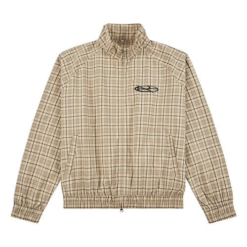 Boredom Kills Khaki Plaid Track Jacket front flat-lay — cream plaid full-zip jacket with a black embroidered oval