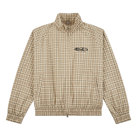 Boredom Kills Khaki Plaid Track Jacket front flat-lay — cream plaid full-zip jacket with a black embroidered oval