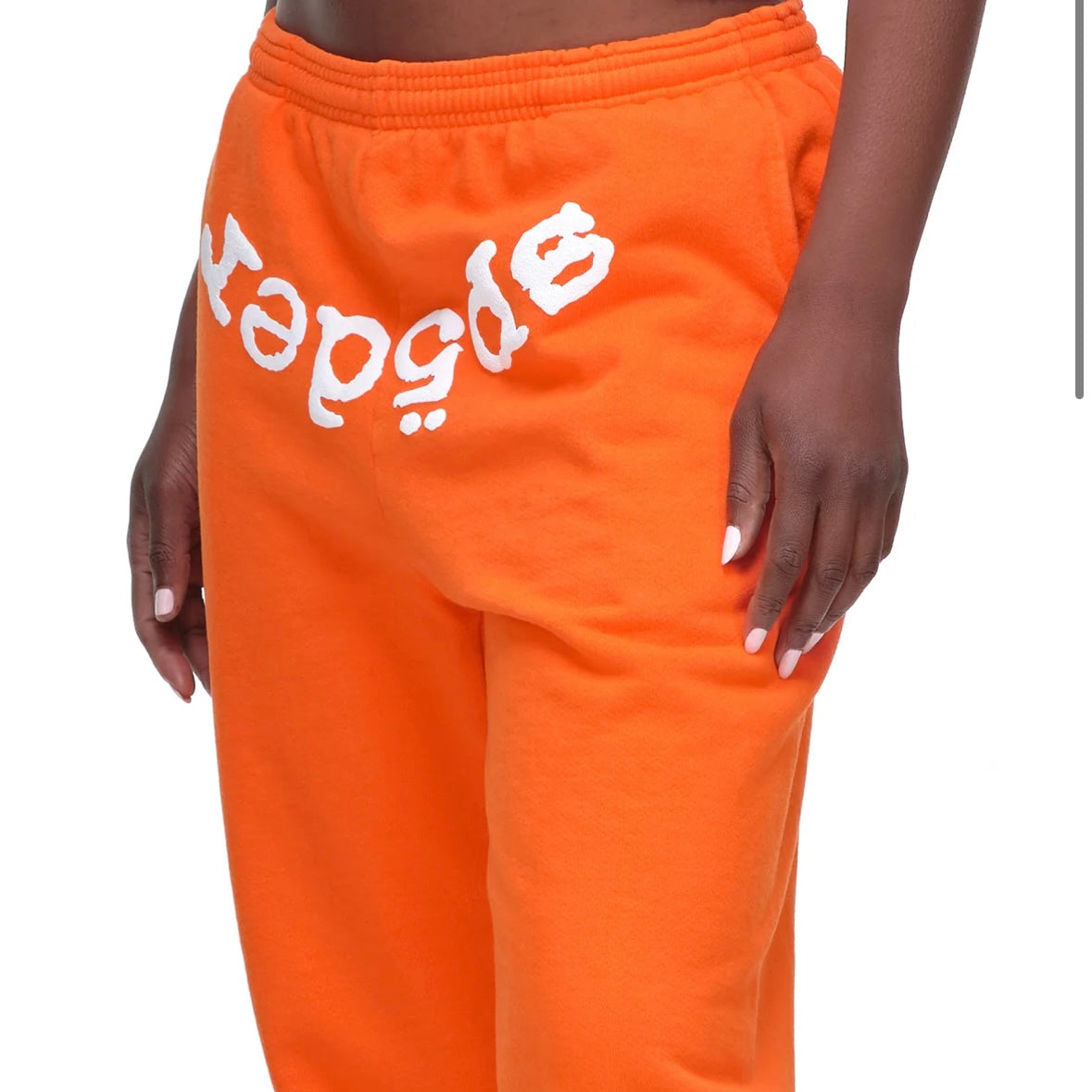 Sp5der Orange White Legacy Sweatpants On Body Close
