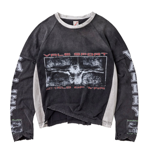 Vale Holy Spirit Long Sleeve front - washed charcoal with a VALE SPORT crucifixion print and cream panels