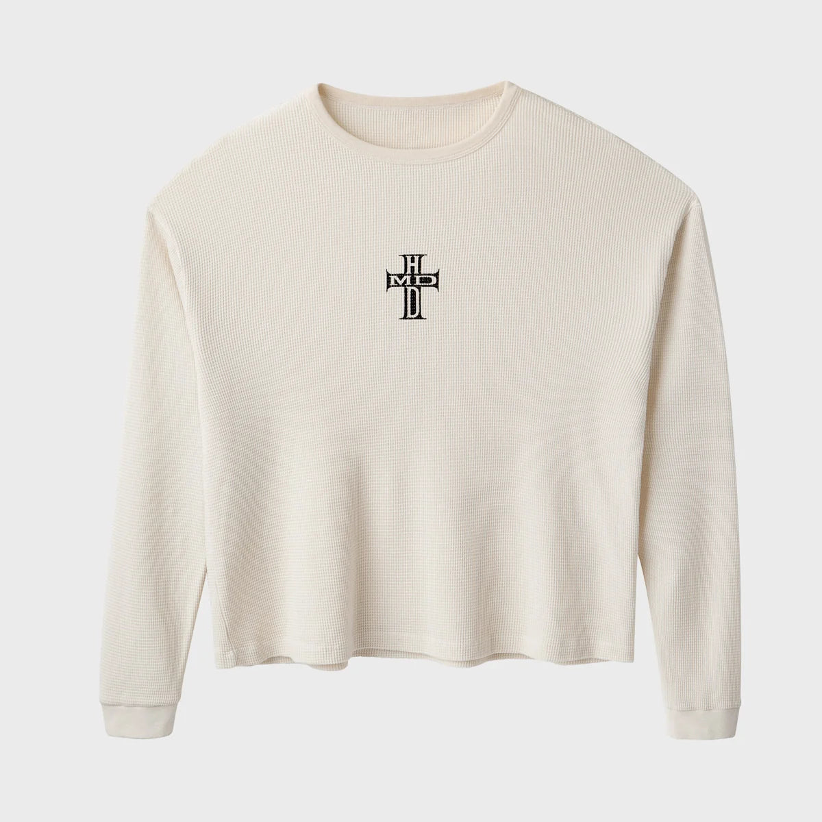 HMDD HC Thermal Long Sleeve, cream waffle-knit thermal with a small black cross graphic on the chest