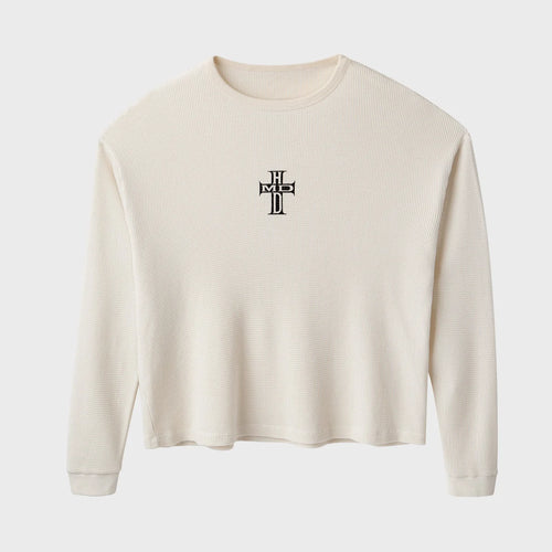 HMDD HC Thermal Long Sleeve, cream waffle-knit thermal with a small black cross graphic on the chest