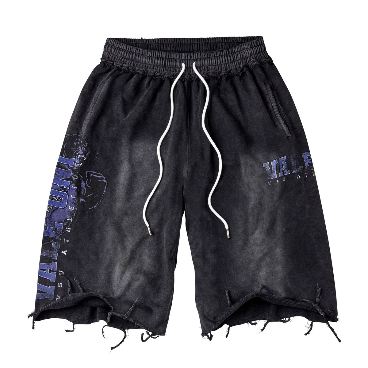 Vale Football Kountry Shorts front view in washed black with purple leg prints and frayed hems