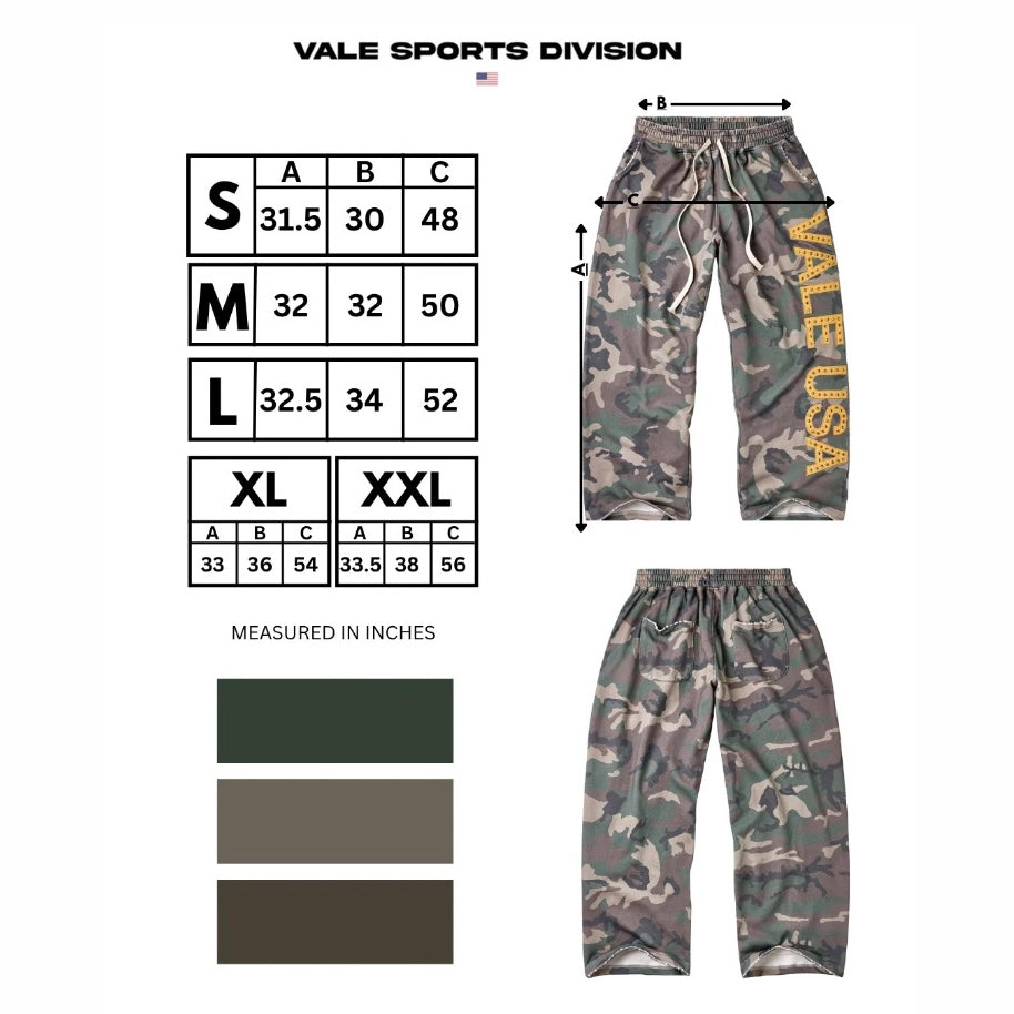 Vale Camo Sweatpants size chart showing inseam, waist and hip columns with colour swatches