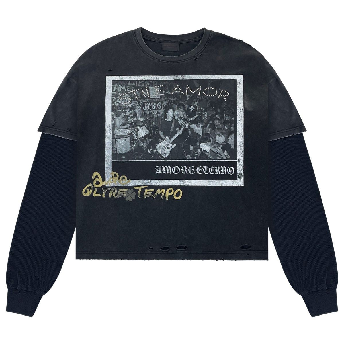 Washed black cropped long sleeve with black and white band photo print and gold lettering