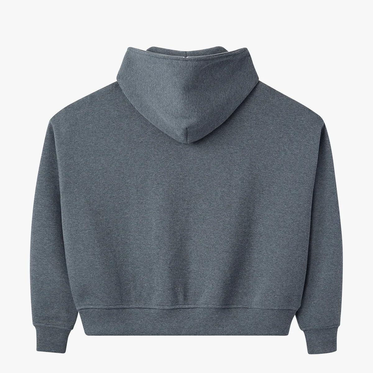 Back of the grey waffle thermal zip hoodie, plain with ribbed cuffs and hem