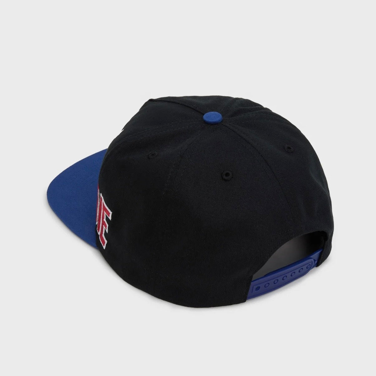 HMDD Chocolate City Hat, back view of the black crown with blue brim and blue adjustable strap