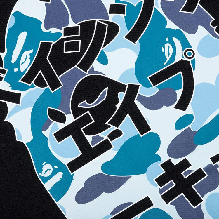 Bape Black Blue Japanese Letters Long Sleeve Close View