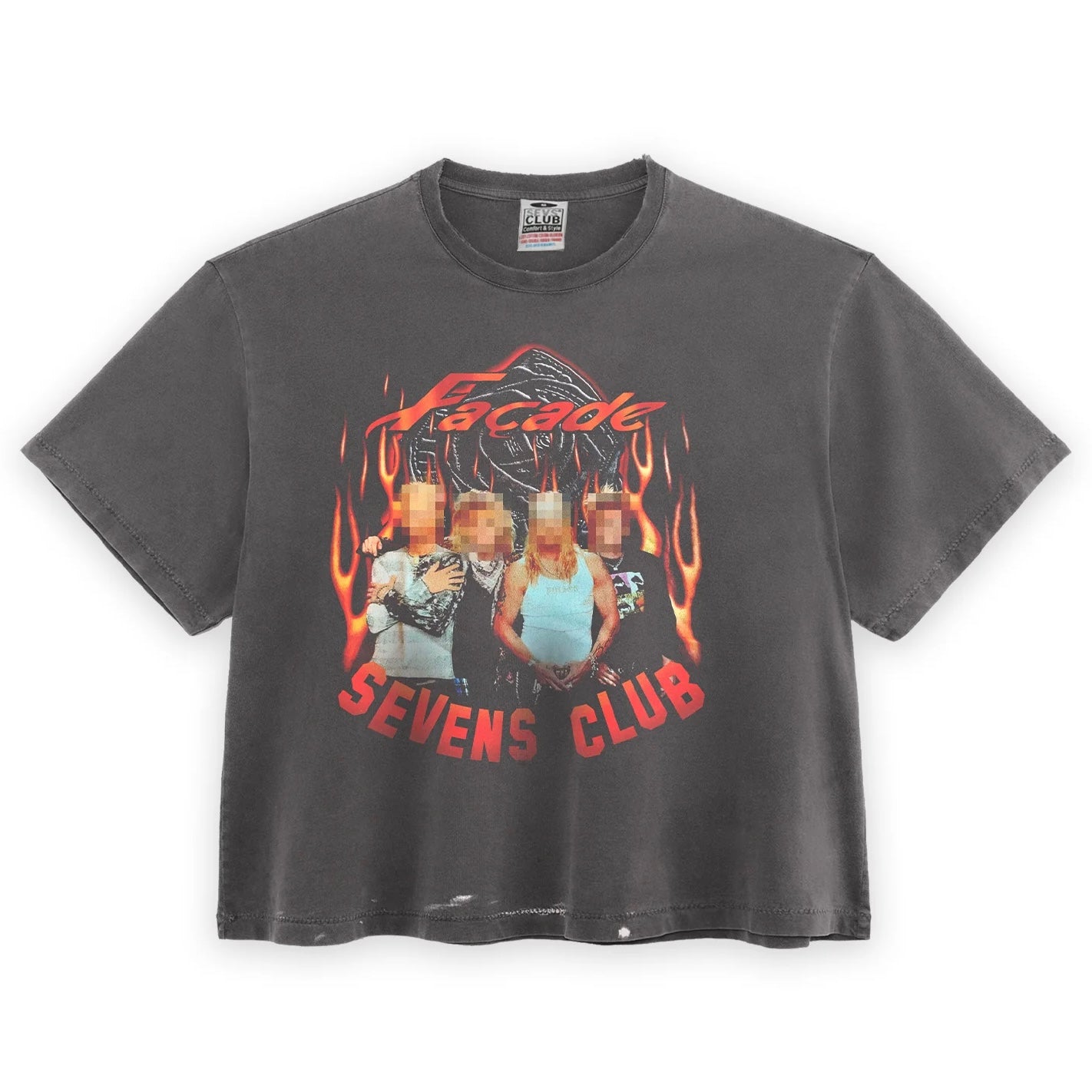 Sevens Club Flamerock T-Shirt, washed charcoal tee with a flame-wrapped group photo above red club lettering