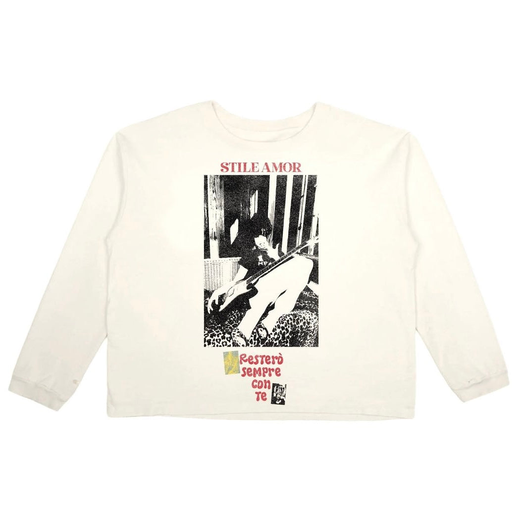 Stile De Amor Restero long sleeve in cream with a black and white photo print under Stile Amor text and red handwritten lettering
