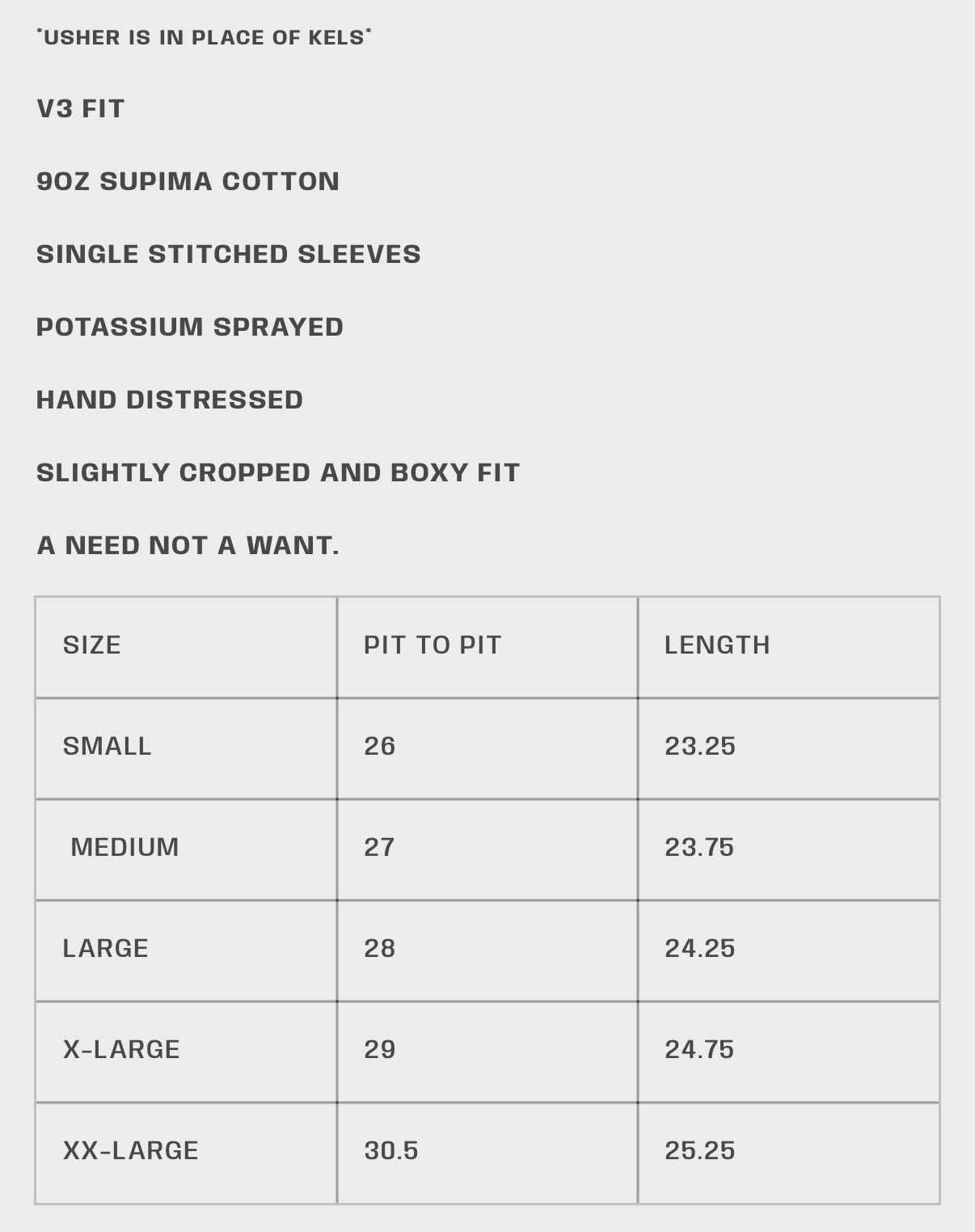 HMDD Black R&B Wringer T-Shirt, size guide listing small through XX-large with pit to pit and length measurements