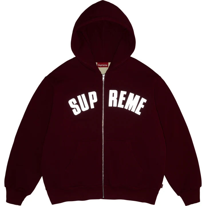Cardinal Supreme Arc Thermal zip hoodie photographed with flash, the arc logo showing bright white