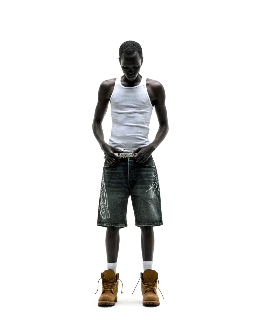 Sp5der Black Wash Script Denim Shorts