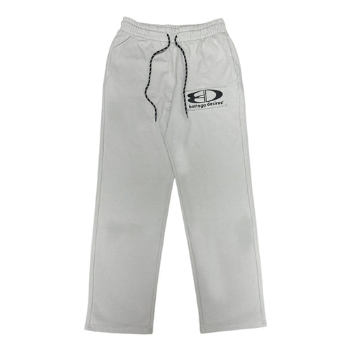 Bottega Desires Grey Tech Sweatpants, light grey straight-leg sweatpants with a small black oval logo at the thigh and black drawcord