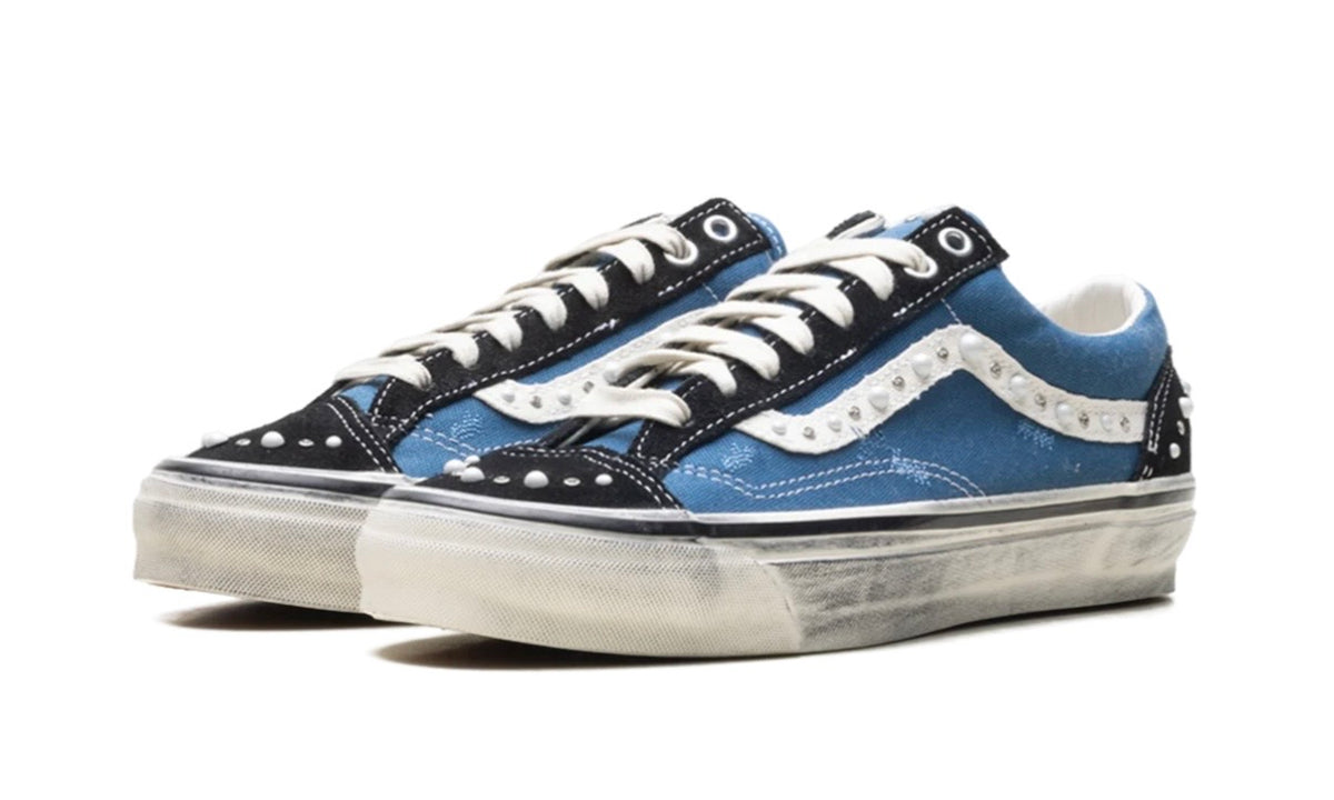 Vans LX Old Skool 36 Pearlized Pack pair, front three-quarter — black suede toe caps set with pearls and rivets
