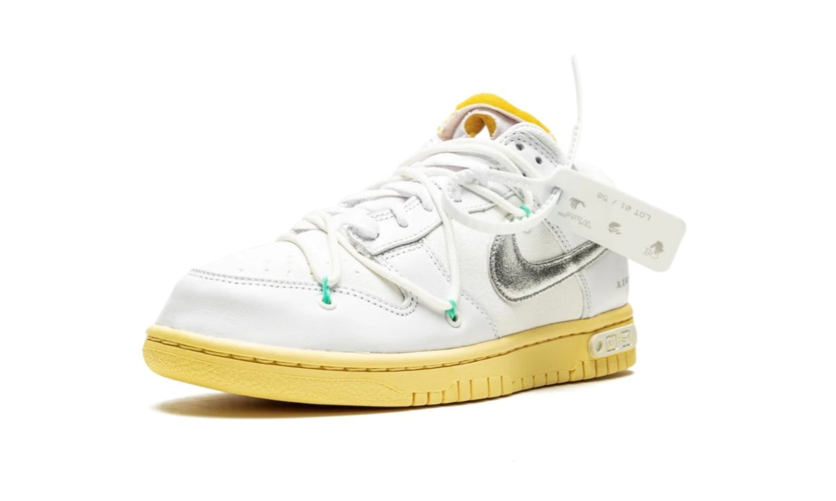 Off-White x Nike Dunk Low Lot 1, three-quarter view of the silver Swoosh and exposed stitching