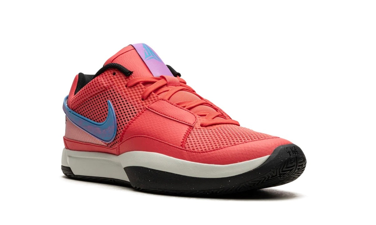 Nike Ja 1 Fuel, medial three-quarter view of the red upper and sail midsole