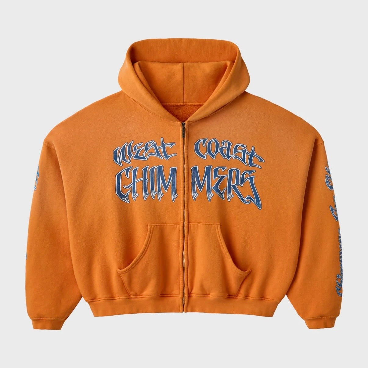 HMDD Cropped OC Summer Zip Hoodie, orange cropped zip hoodie with blue gothic West Coast Chimmers lettering on the chest